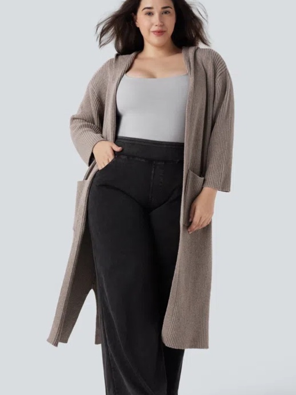 Halara hooded long sleeve pocket longline casual knit cardigan - 1X